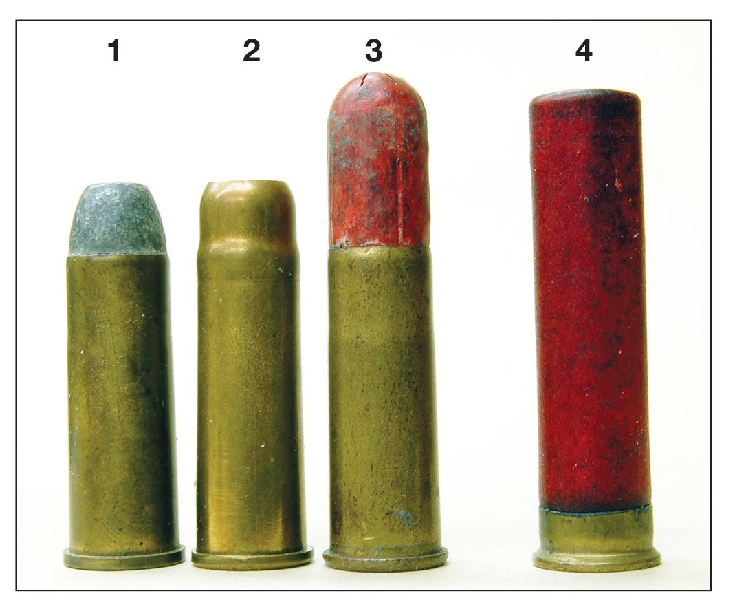 These cases include a (1) .44 WCF, (2) .44 WCF extended case shot, (3) .44 WCF with paper shot capsule called 44XL, which some think led to the (4) 2-inch .410 or longer cases.